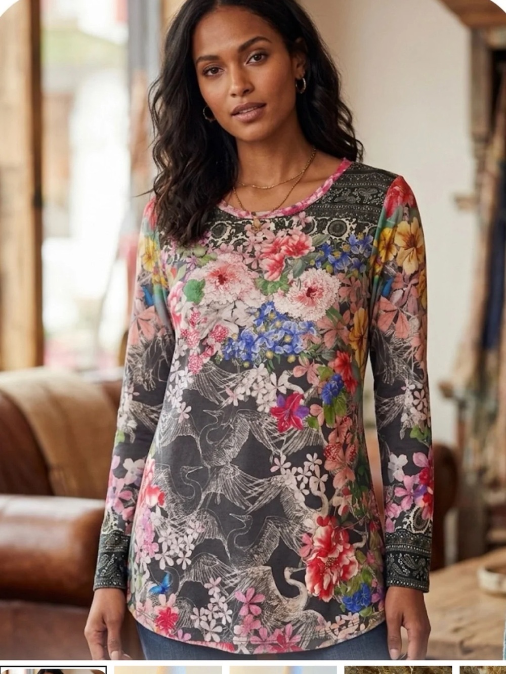 Johnny Was Lindana Favorite Floral Long-Sleeve Crewneck Top Multicolor L